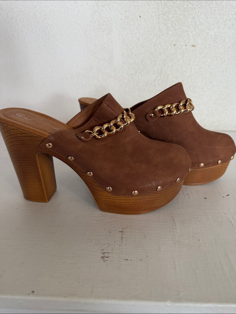 Brown Suede Platform Clog with Gold Chain Accent